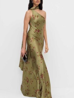 Reformation Jazzlyn Silk One Shoulder Maxi Dress Scarf Green Floral Demi Size 6